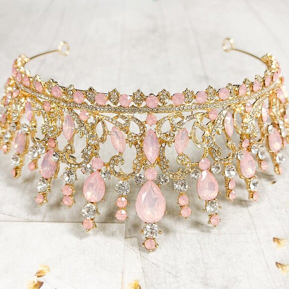 Pink and Gold Crystal Tiara Wedding Princess Gemstone Crown Adult women’s queen - Picture 5 of 11